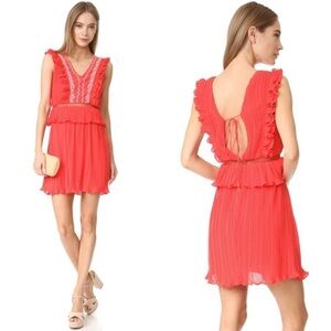 Moon River Coral Floral Embroidered Ruffle Pleated Sleeveless Mini Dress